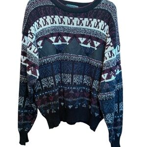 90s Campus Sweater Bold Blue, Black and Burgundy Crew Neck Vintage